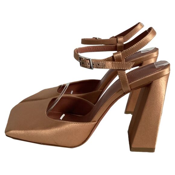 Amina Muaddi Charlotte Pumps in Brown Satin - Picture 4 of 7